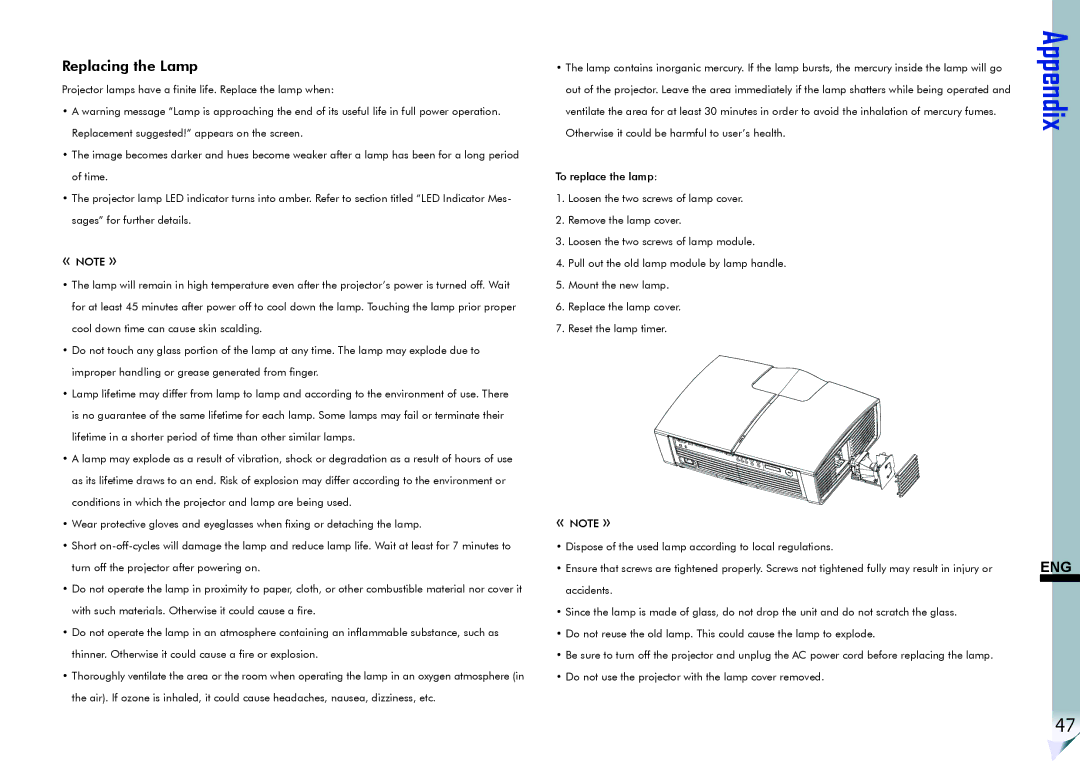 ViewSonic VS11856 user manual Appendix, Replacing the Lamp 