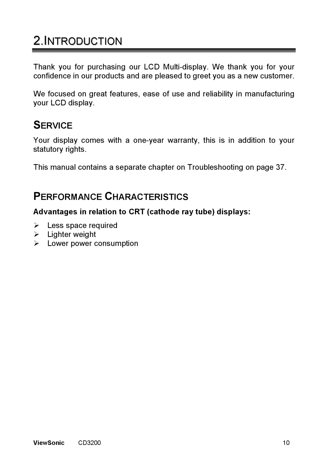 ViewSonic VS11857 manual Introduction, Service, Performance Characteristics 