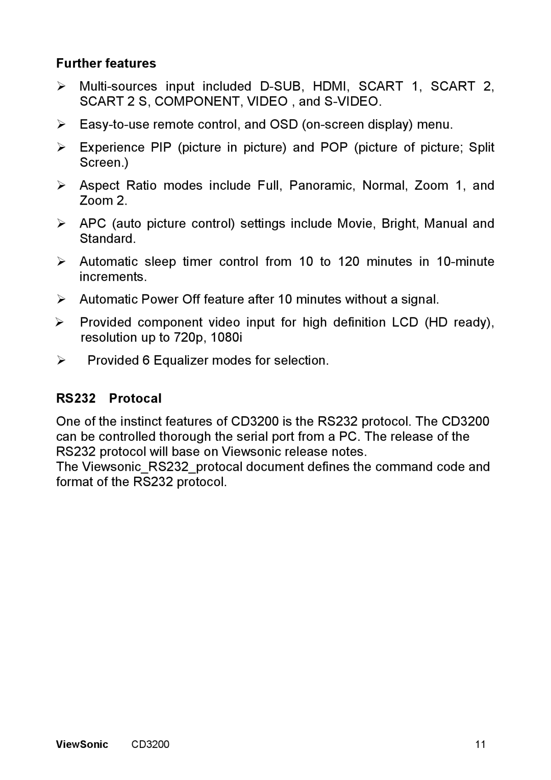 ViewSonic VS11857 manual Further features, RS232 Protocal 