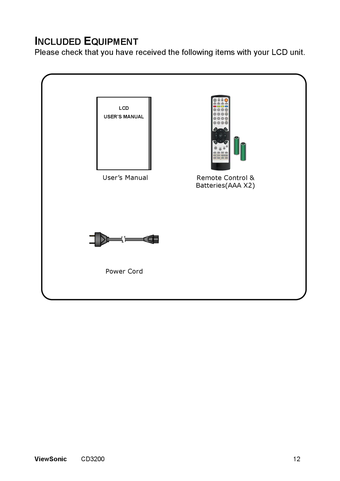 ViewSonic VS11857 manual Included Equipment 