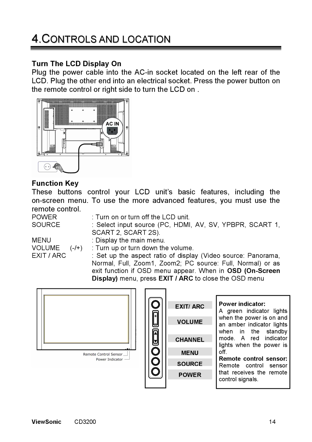 ViewSonic VS11857 manual Controls and Location, Turn The LCD Display On, Function Key, Power indicator 