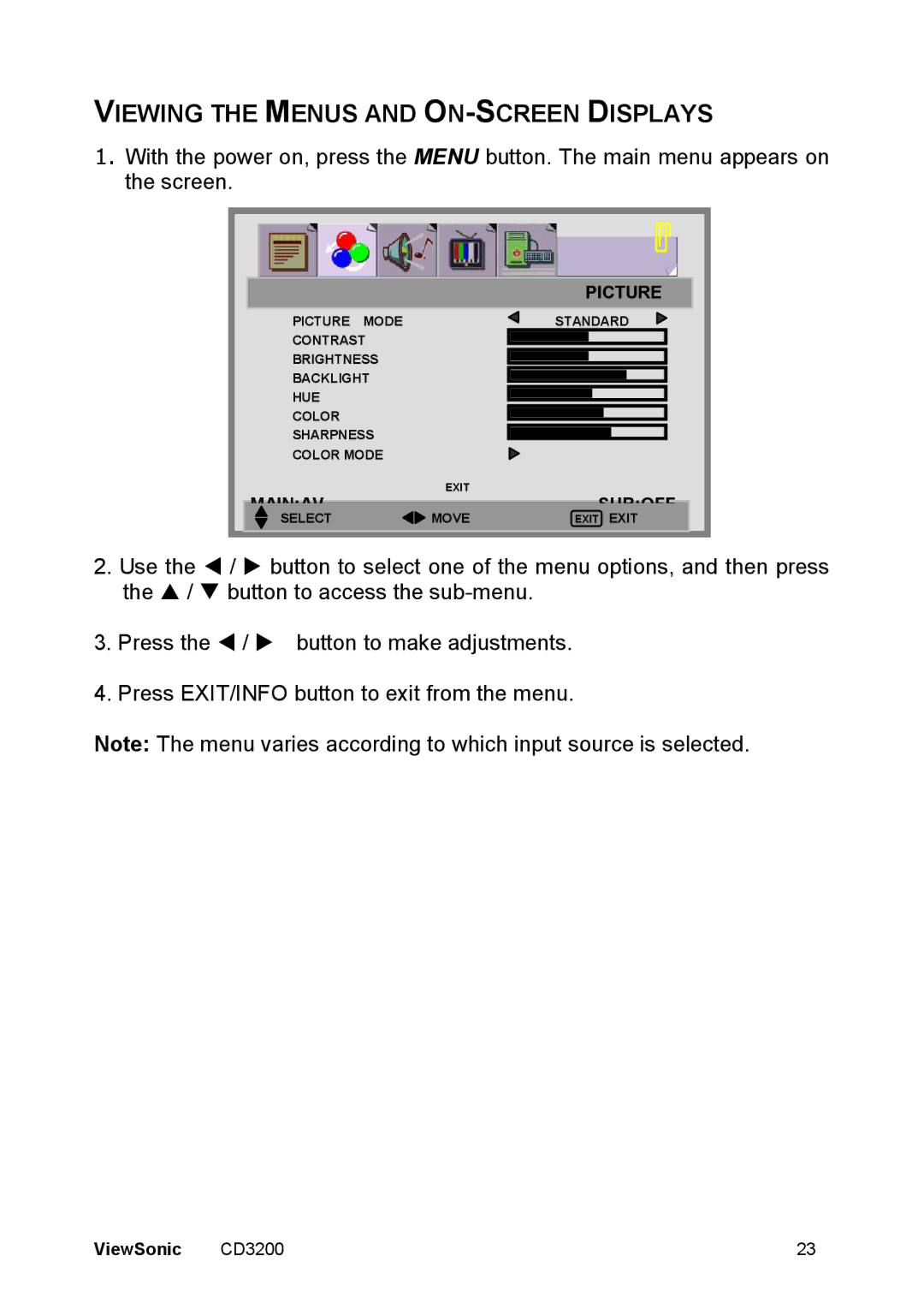 ViewSonic VS11857 manual Viewing the Menus and ON-SCREEN Displays 