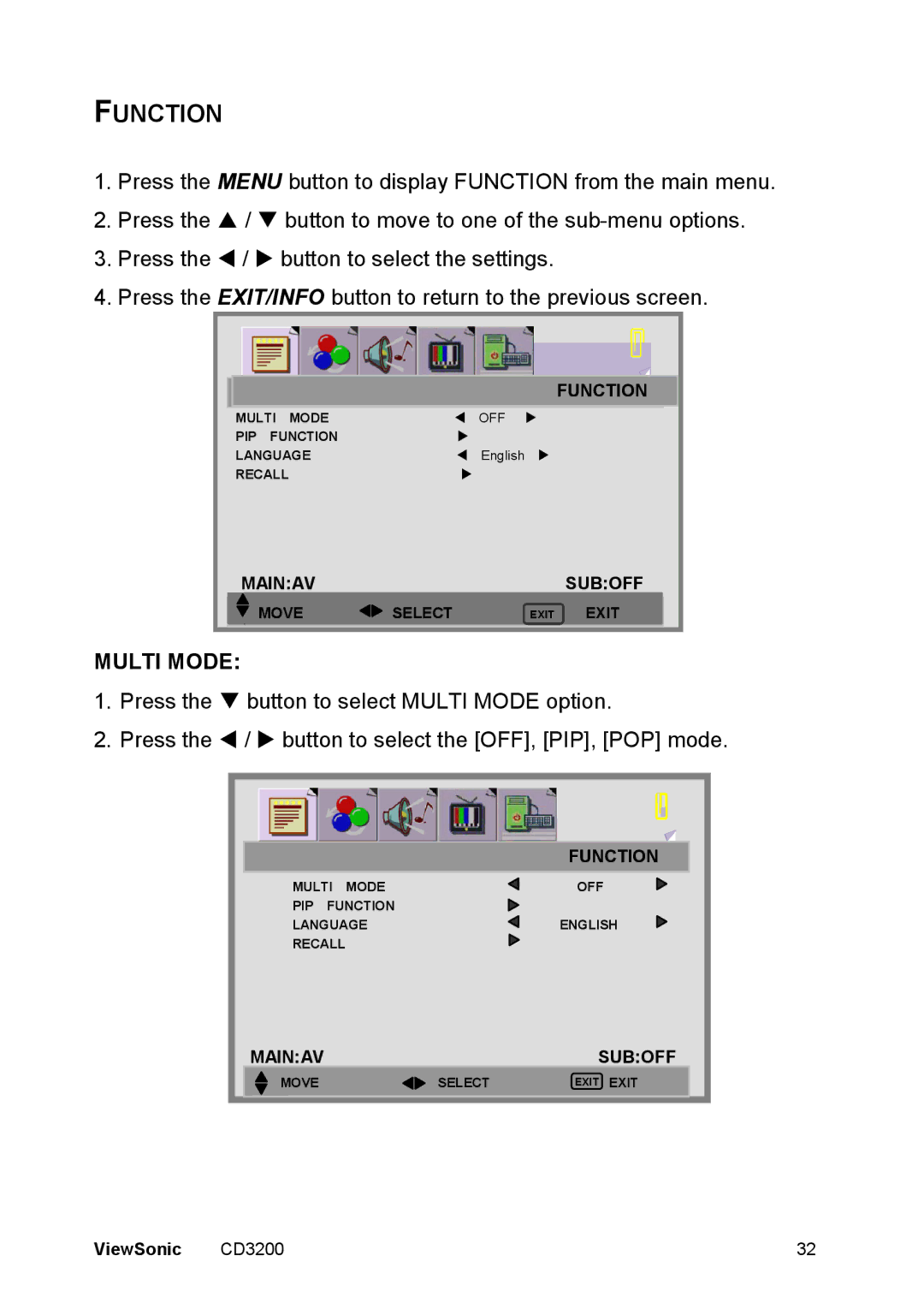 ViewSonic VS11857 manual Function, Multi Mode 