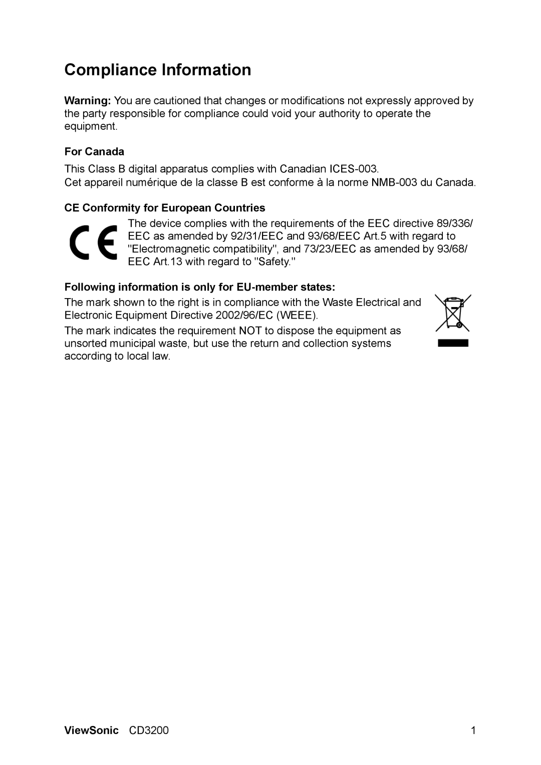 ViewSonic VS11857 For Canada, CE Conformity for European Countries, Following information is only for EU-member states 