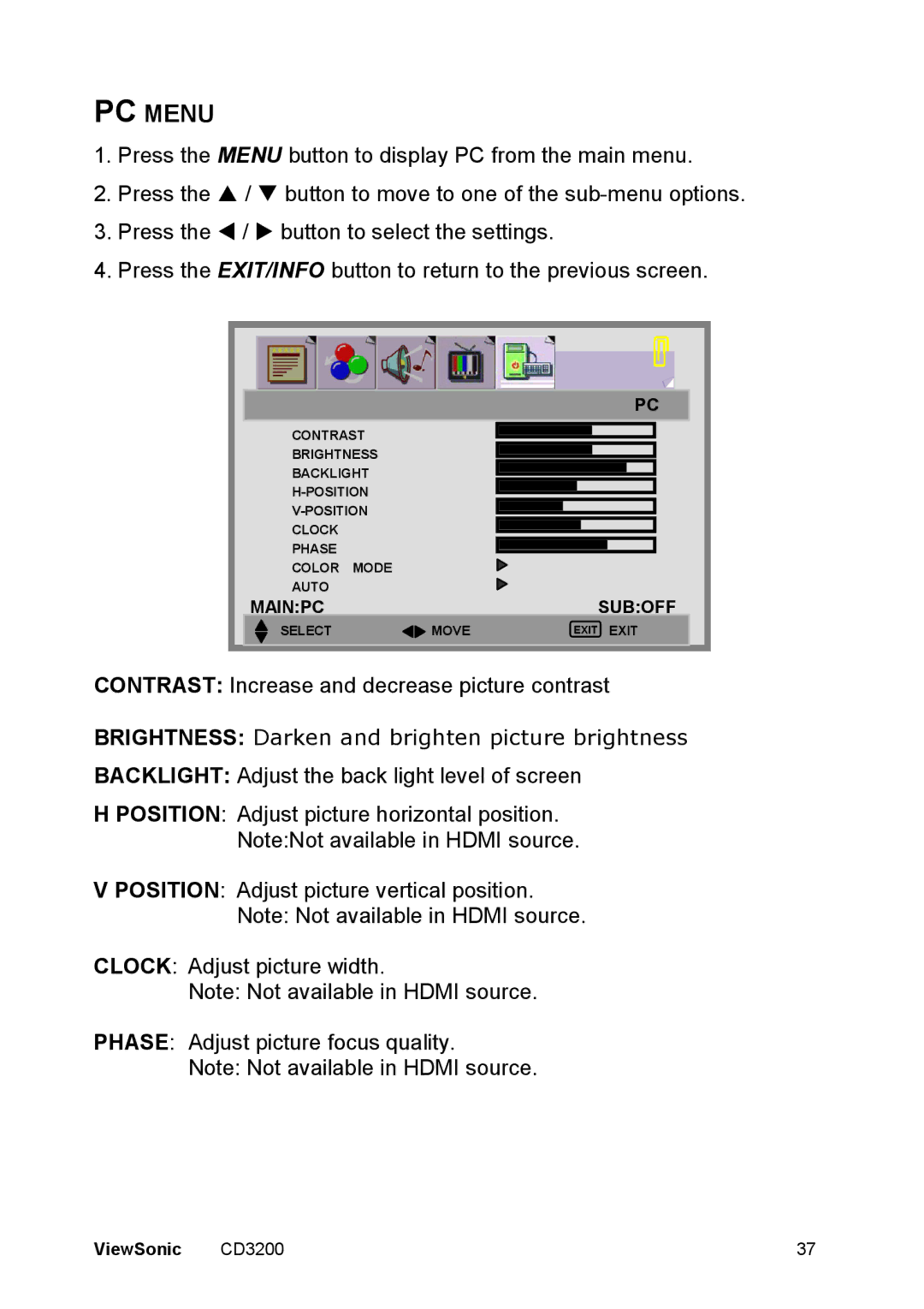 ViewSonic VS11857 manual PC Menu, Brightness Darken and brighten picture brightness 