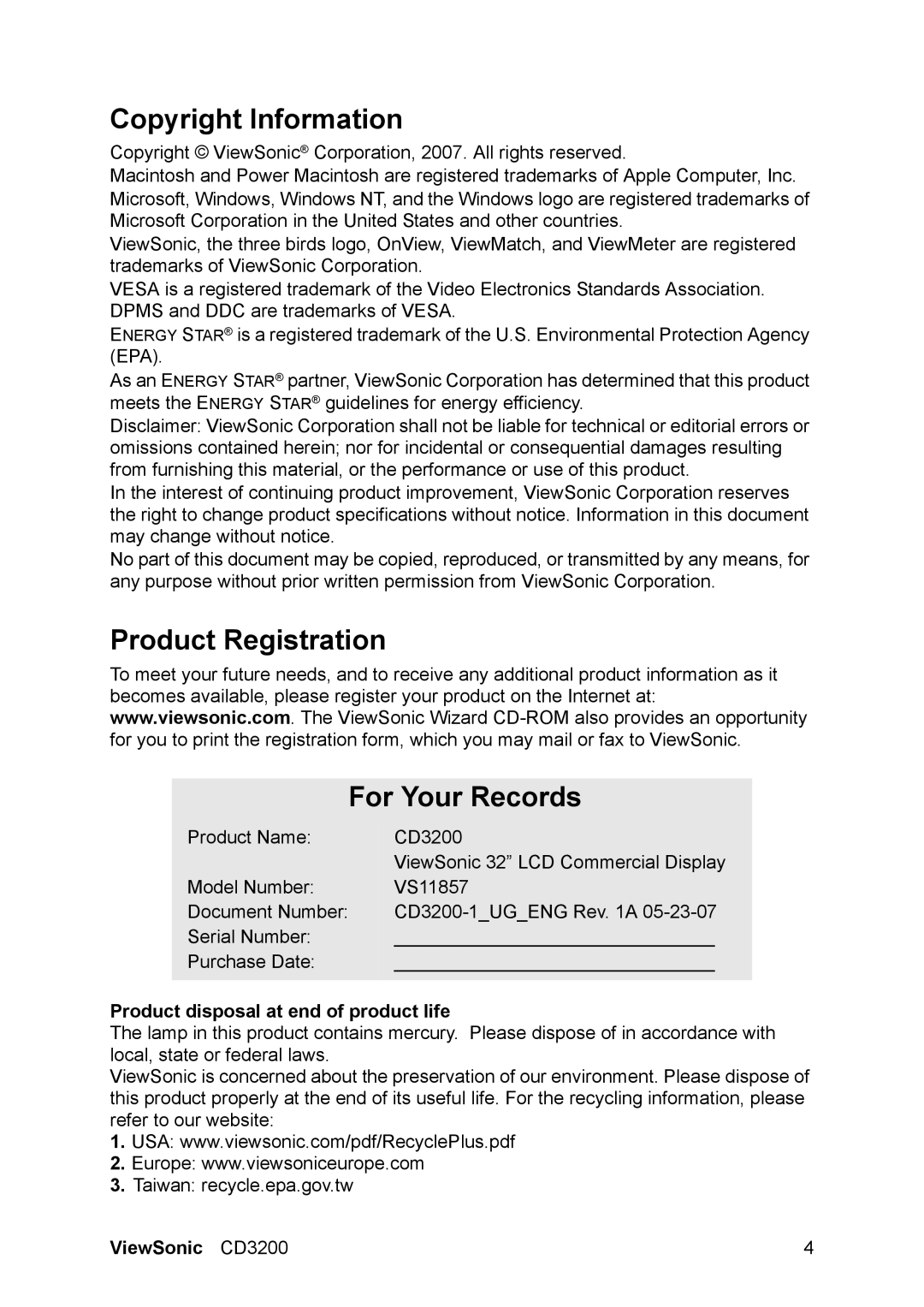 ViewSonic VS11857 manual Copyright Information, Product disposal at end of product life 