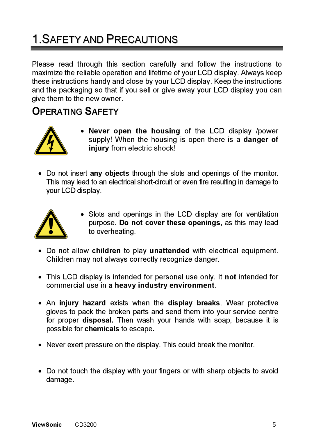 ViewSonic VS11857 manual Safety and Precautions, Operating Safety, ViewSonic 