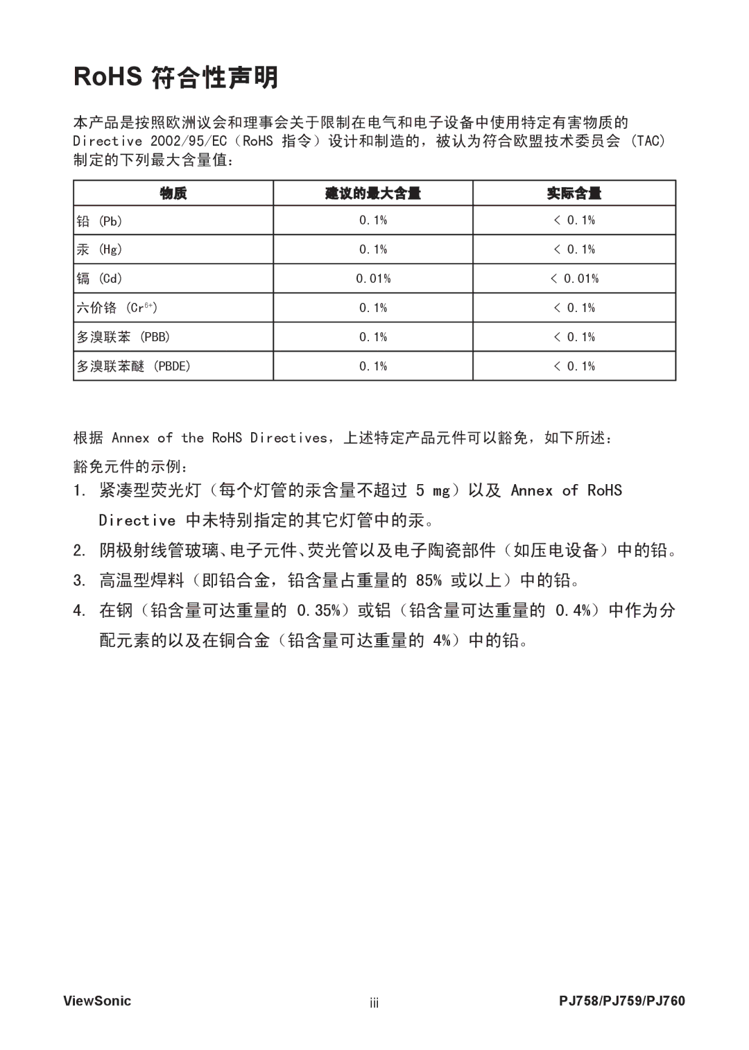 ViewSonic VS11861, VS11862, VS11822 manual RoHS 符合性声明 