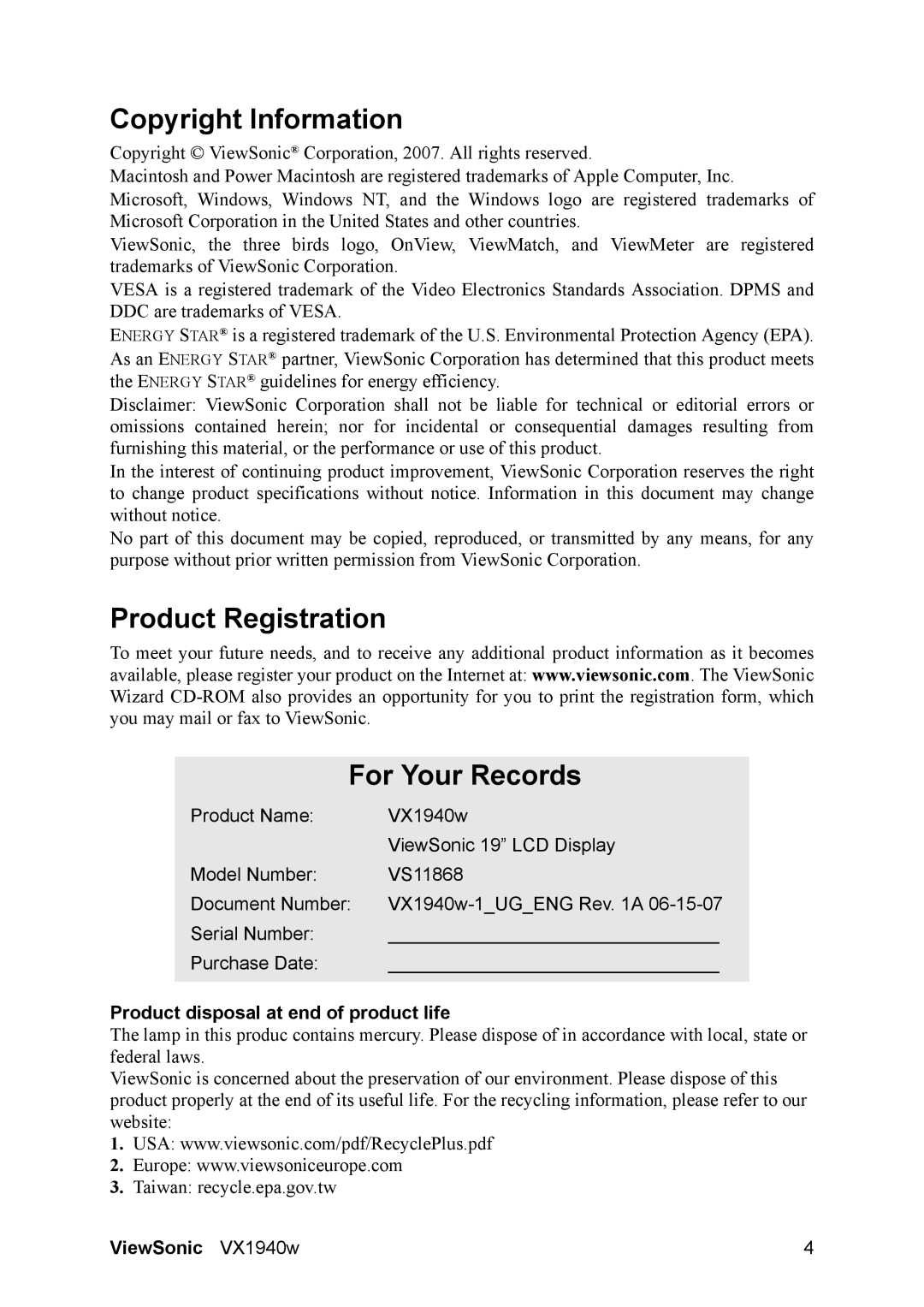 ViewSonic VS11868 Copyright Information, Product Registration For Your Records, Product disposal at end of product life 