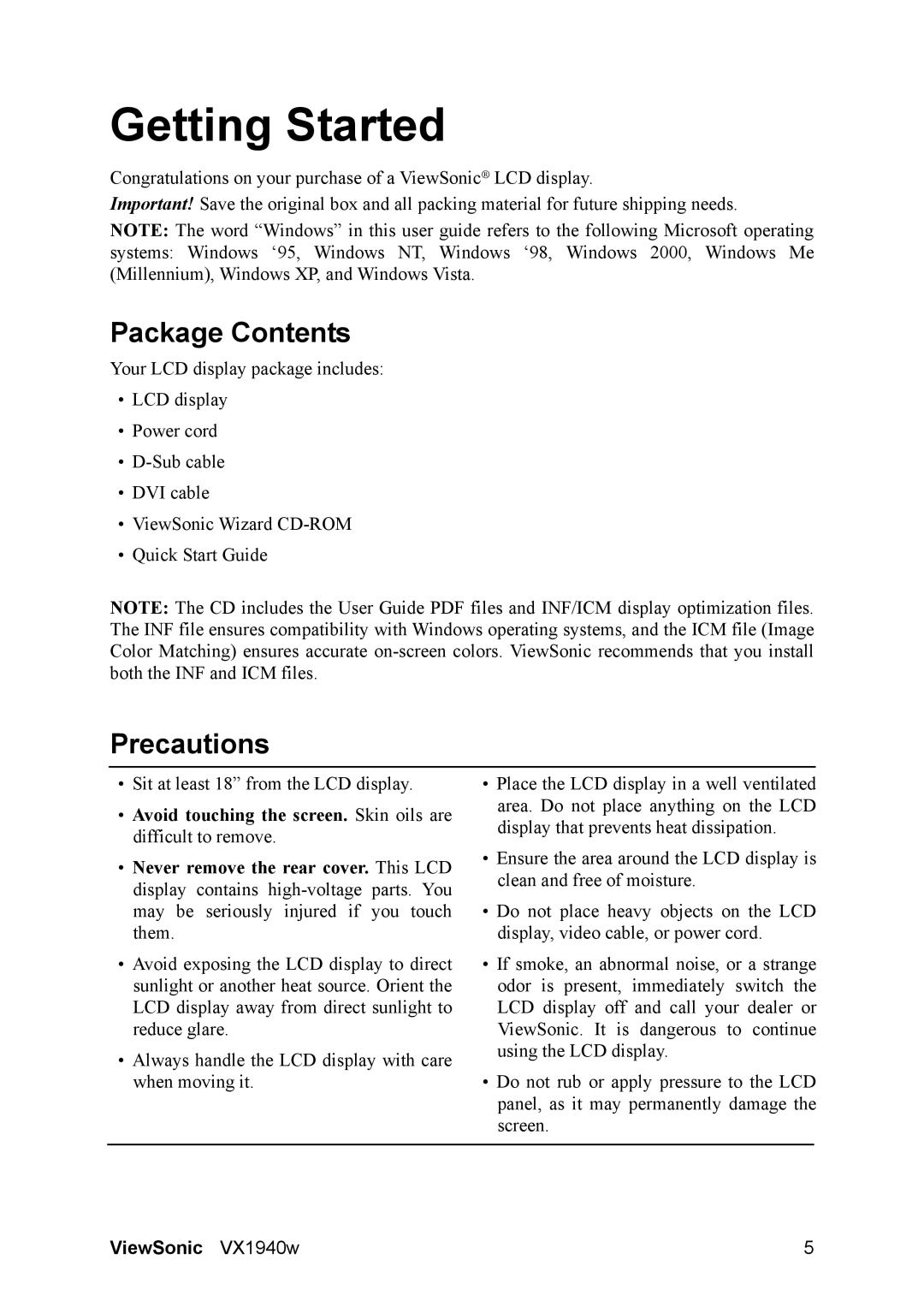 ViewSonic VS11868 warranty Package Contents, Precautions 