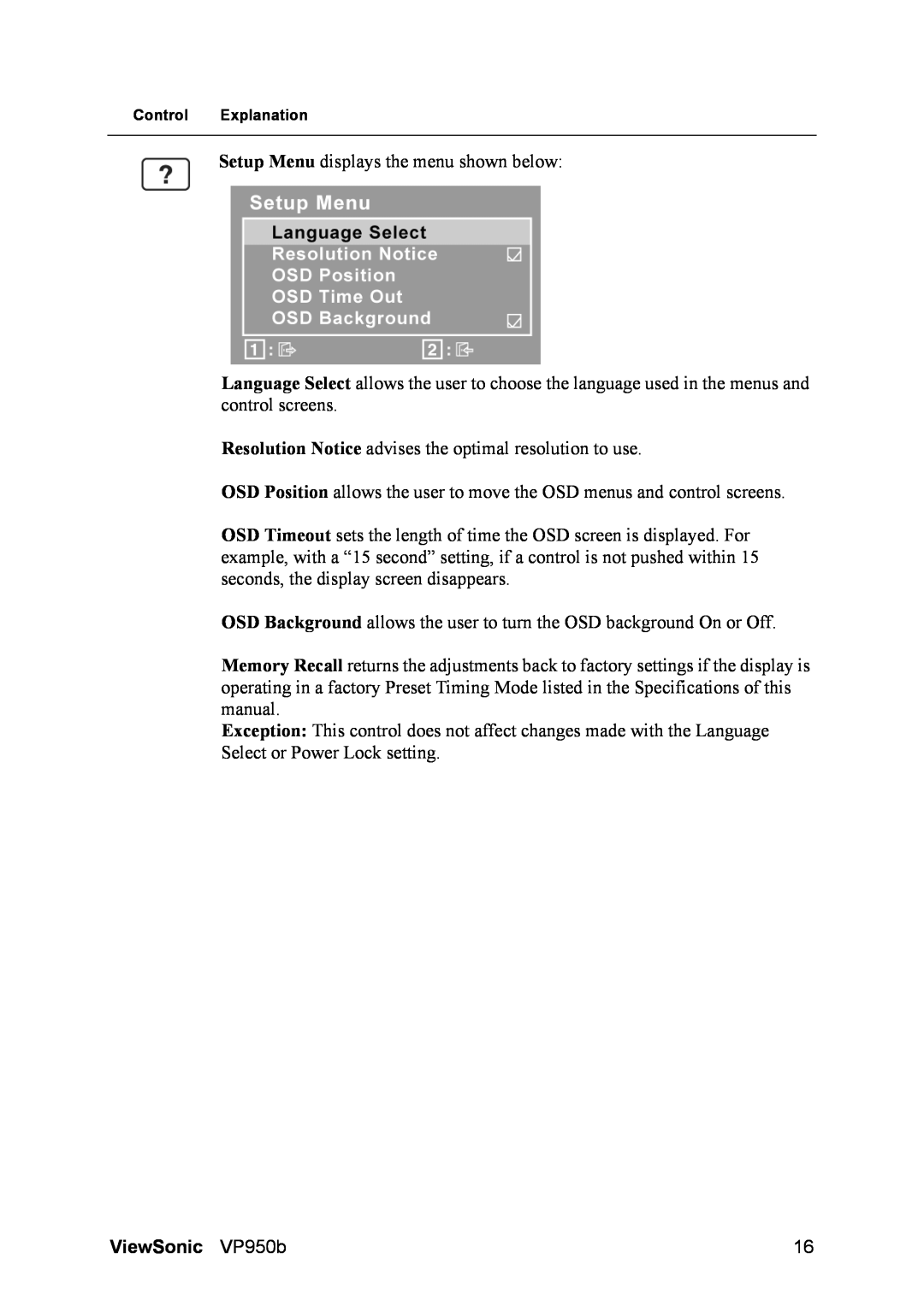ViewSonic VS11929 warranty Setup Menu displays the menu shown below, ViewSonic VP950b 