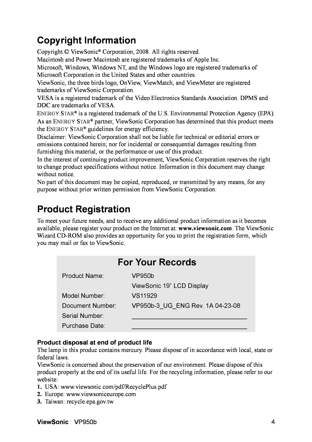 ViewSonic VS11929 Copyright Information, Product Registration, For Your Records, Product disposal at end of product life 