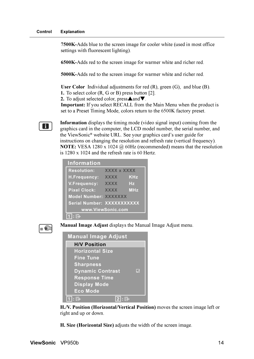 ViewSonic VS11929 warranty Size Horizontal Size adjusts the width of the screen image 