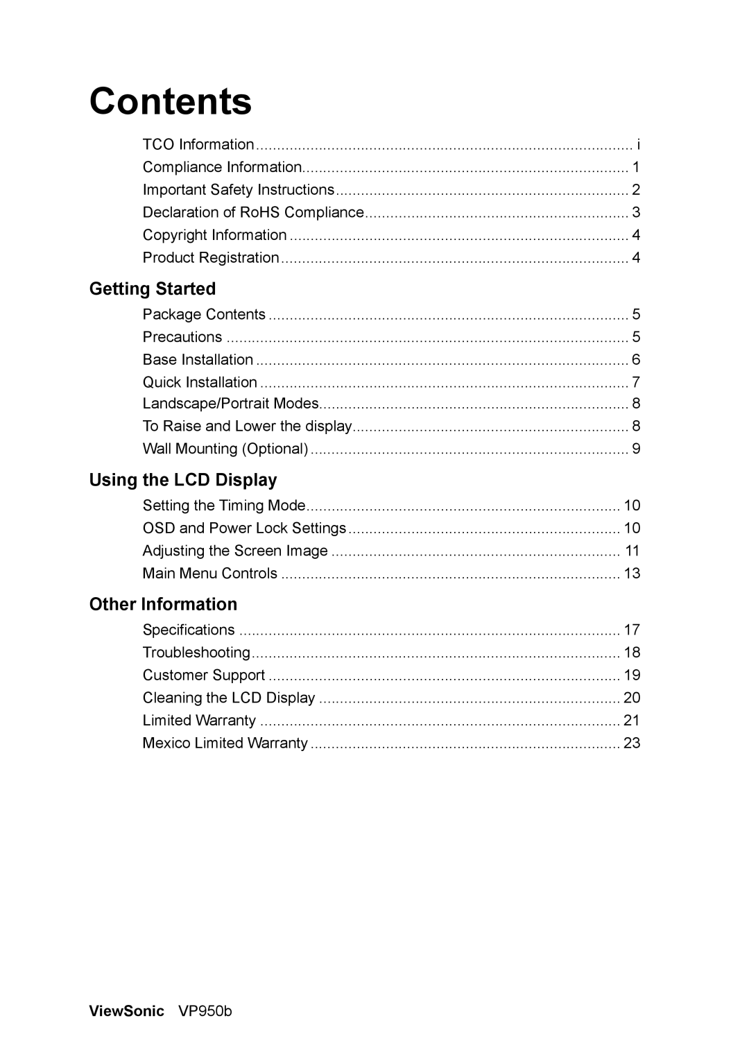 ViewSonic VS11929 warranty Contents 