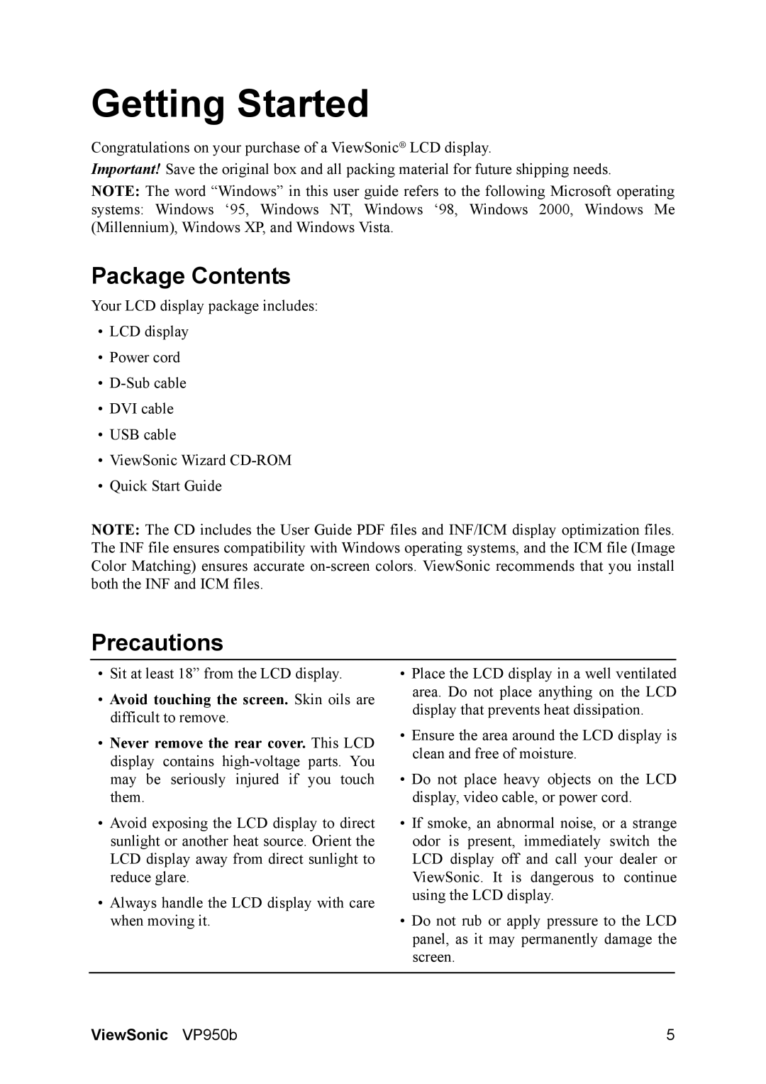 ViewSonic VS11929 warranty Package Contents, Precautions 