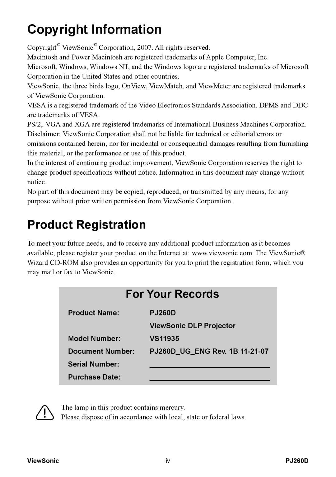 ViewSonic VS11935 Product Registration, Product Name, PJ260D, ViewSonic DLP Projector, Model Number, Document Number 