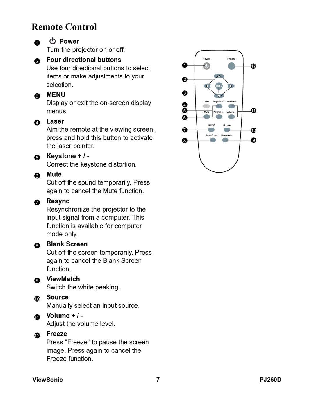 ViewSonic VS11935 warranty Remote Control, Laser 