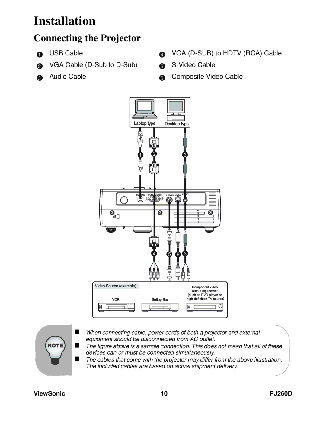 ViewSonic VS11935 warranty Installation, Connecting the Projector 