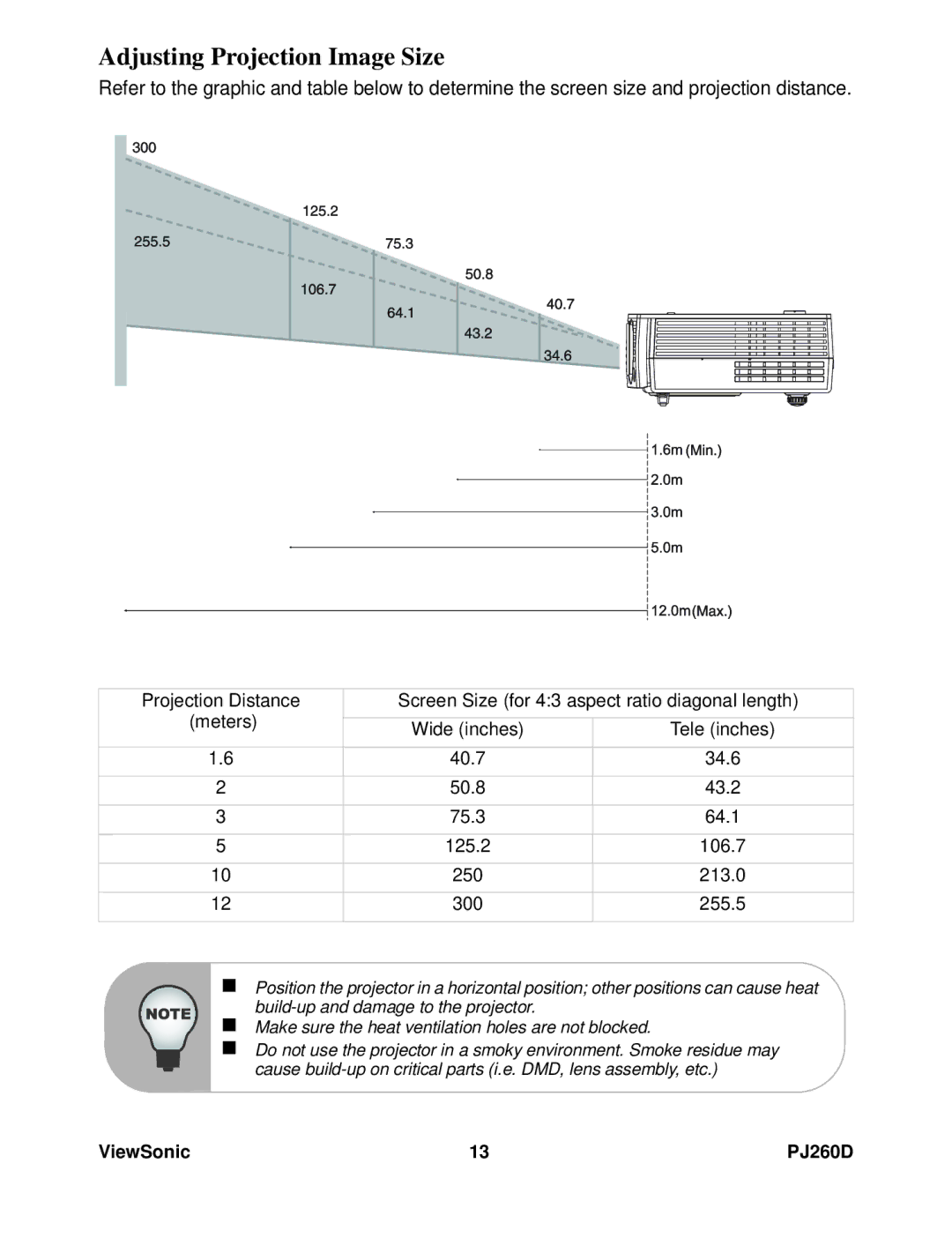 ViewSonic VS11935 warranty Adjusting Projection Image Size 