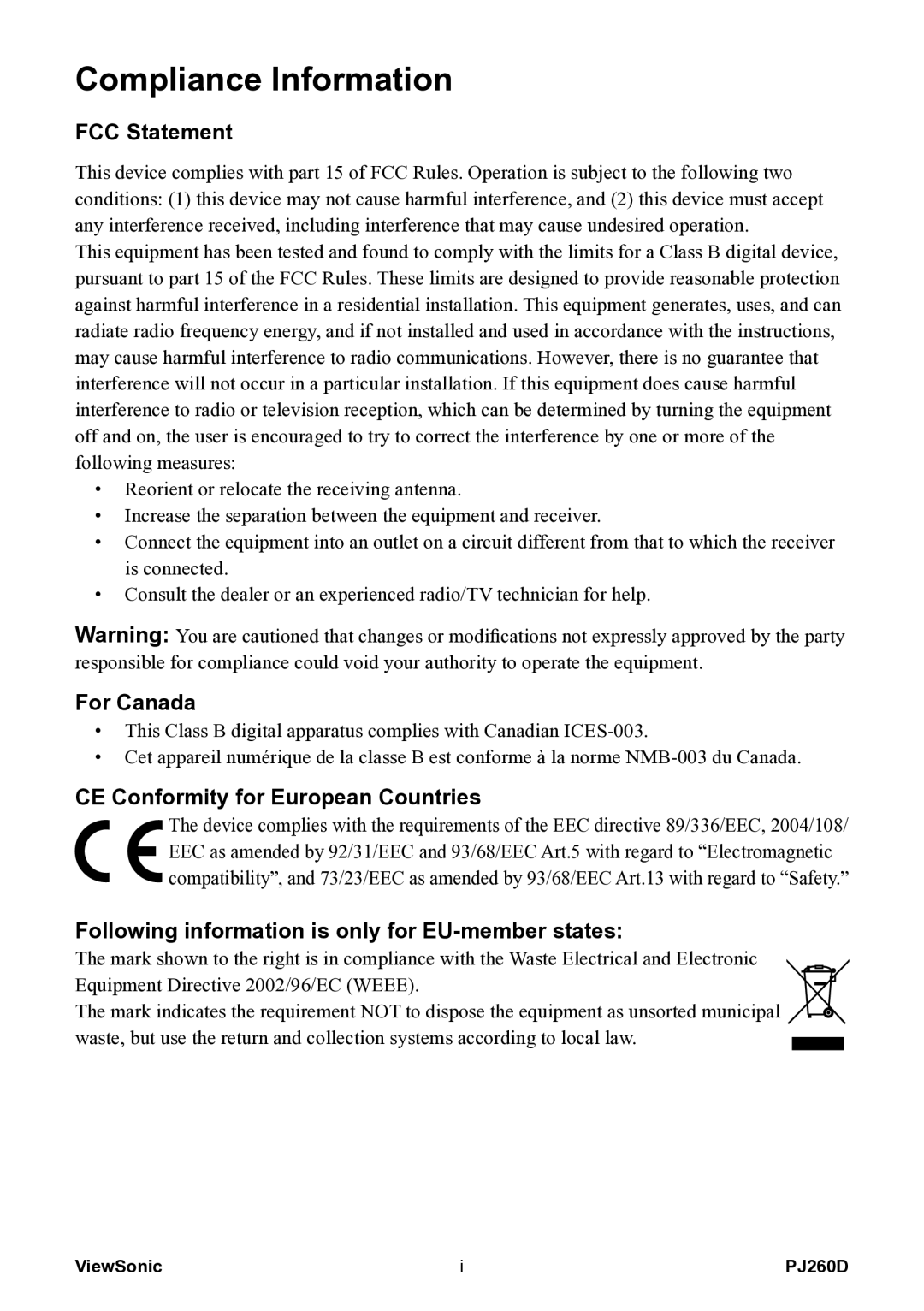 ViewSonic VS11935 warranty Compliance Information, FCC Statement 