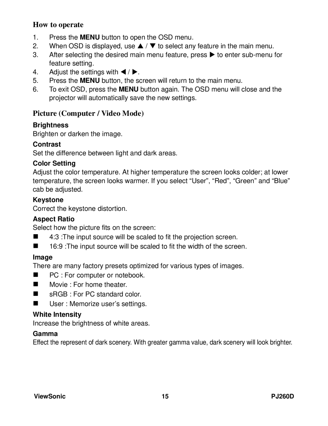 ViewSonic VS11935 warranty How to operate, Picture Computer / Video Mode 