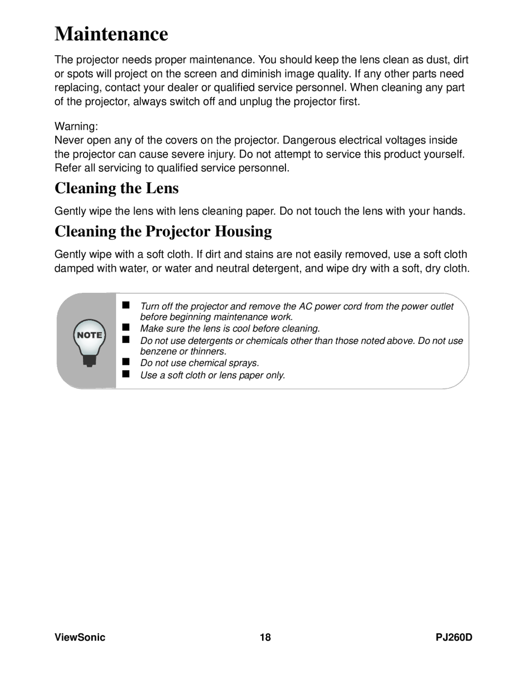 ViewSonic VS11935 warranty Maintenance, Cleaning the Lens, Cleaning the Projector Housing 