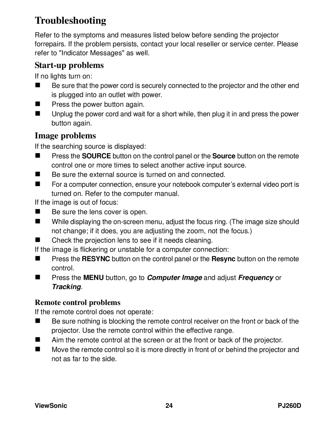 ViewSonic VS11935 warranty Troubleshooting, Start-up problems, Image problems, Remote control problems 