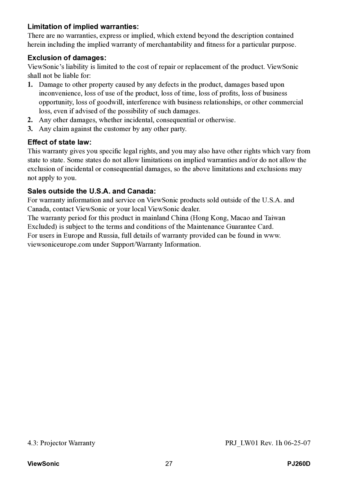 ViewSonic VS11935 warranty Limitation of implied warranties 