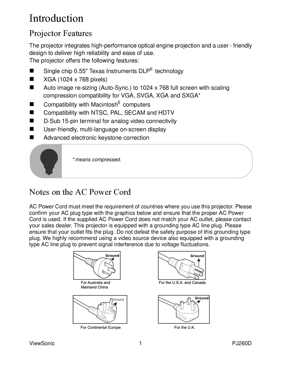 ViewSonic VS11935 warranty Introduction, Projector Features 