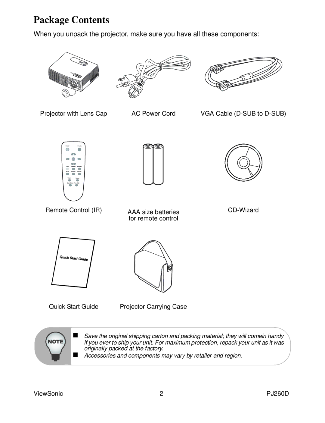 ViewSonic VS11935 warranty Package Contents 