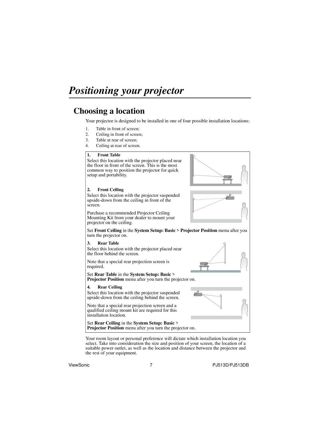 ViewSonic VS11959 warranty Positioning your projector, Choosing a location 