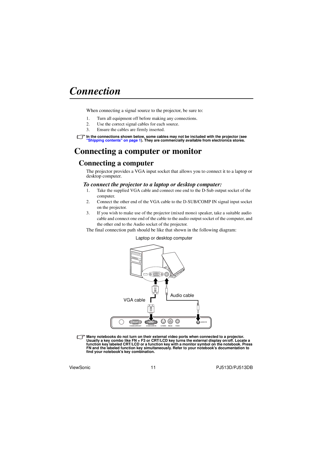 ViewSonic VS11959 warranty Connection, Connecting a computer or monitor 