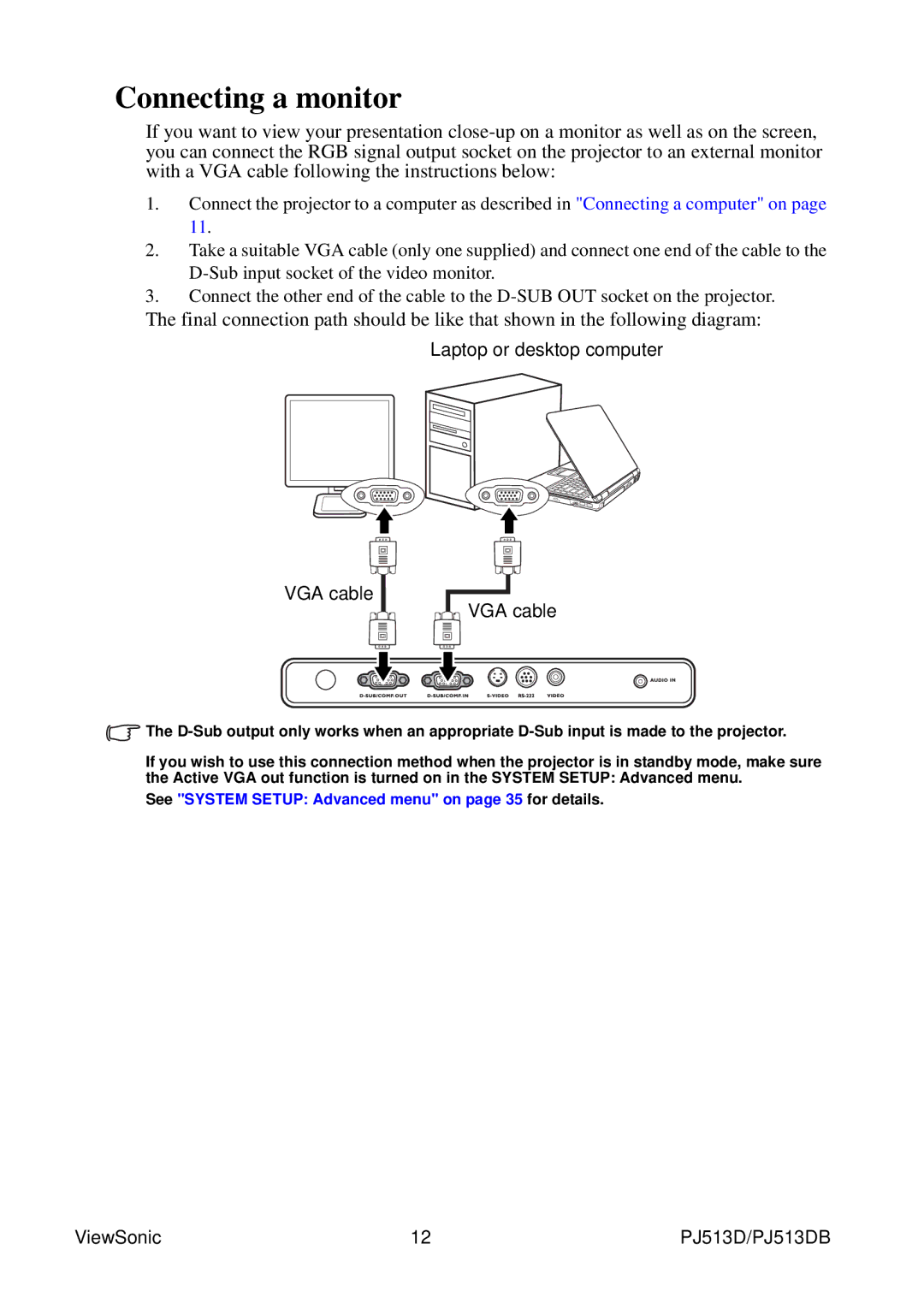 ViewSonic VS11959 warranty Connecting a monitor, Laptop or desktop computer VGA cable 