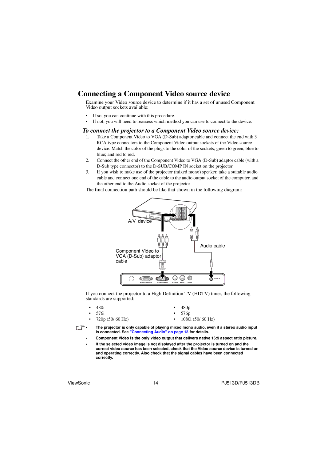 ViewSonic VS11959 Connecting a Component Video source device, To connect the projector to a Component Video source device 