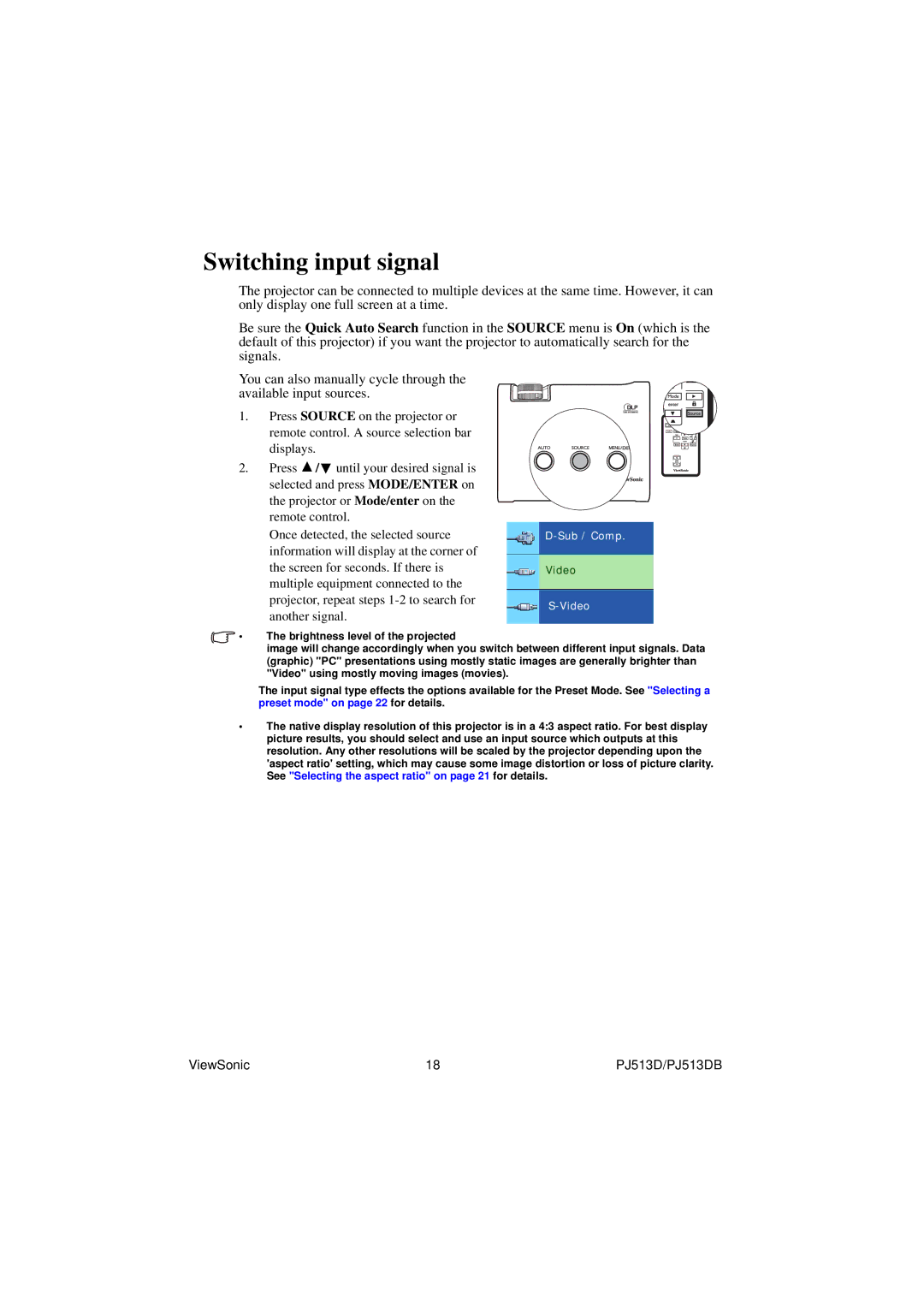 ViewSonic VS11959 warranty Switching input signal, Video 