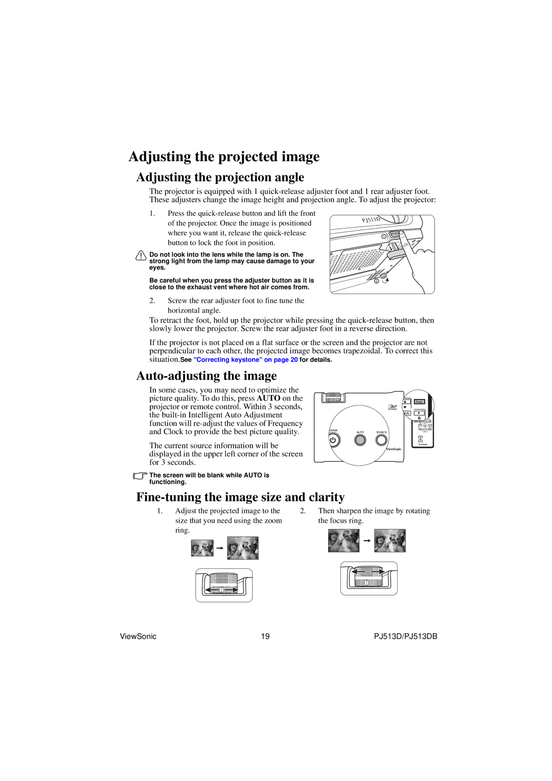 ViewSonic VS11959 warranty Adjusting the projected image, Adjusting the projection angle, Auto-adjusting the image 