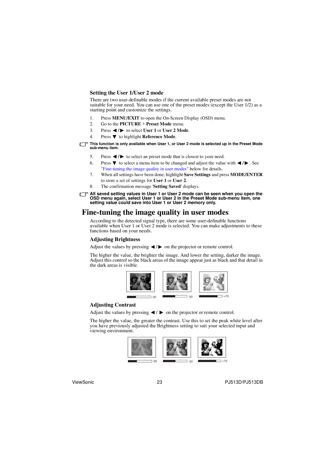 ViewSonic VS11959 warranty Fine-tuning the image quality in user modes, Setting the User 1/User 2 mode 