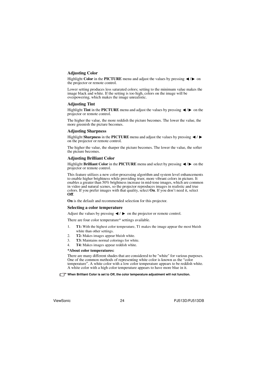 ViewSonic VS11959 warranty Adjusting Color 