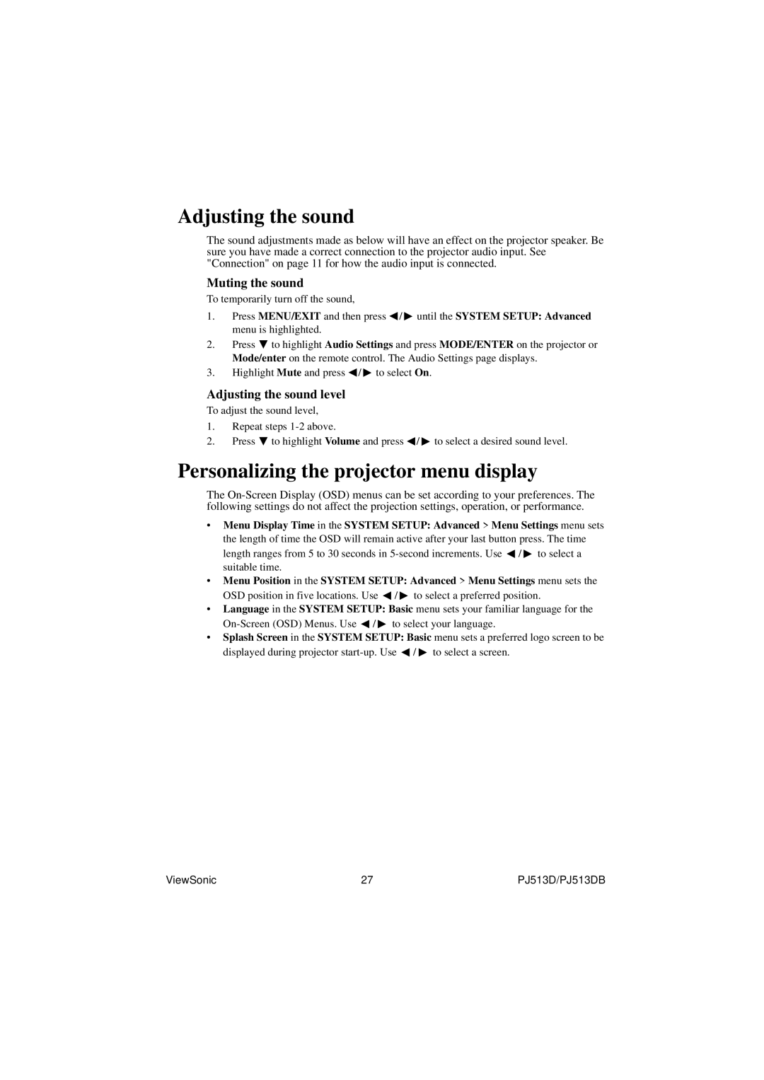 ViewSonic VS11959 warranty Adjusting the sound, Personalizing the projector menu display 