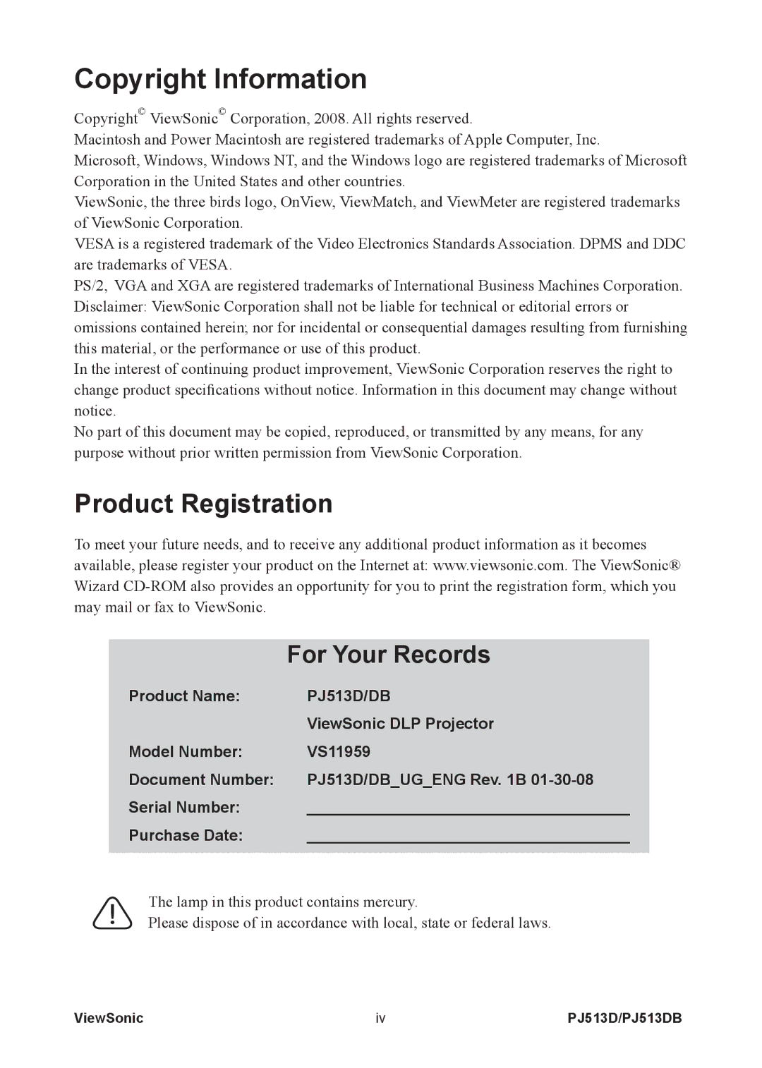 ViewSonic VS11959 warranty Copyright Information 