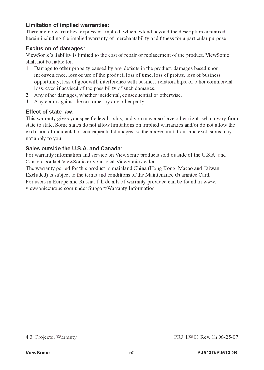 ViewSonic VS11959 warranty Limitation of implied warranties 