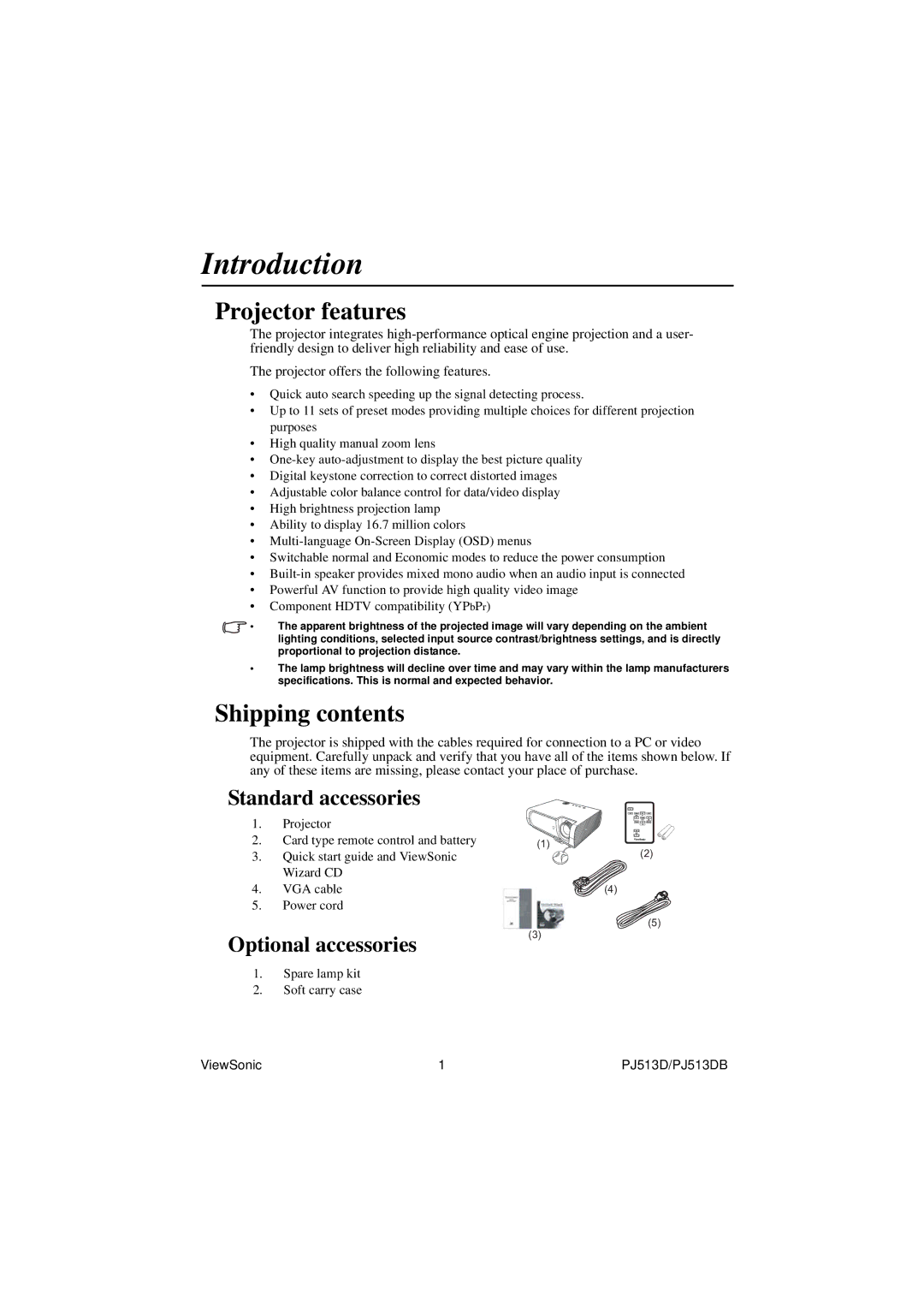 ViewSonic VS11959 warranty Introduction, Projector features, Shipping contents 