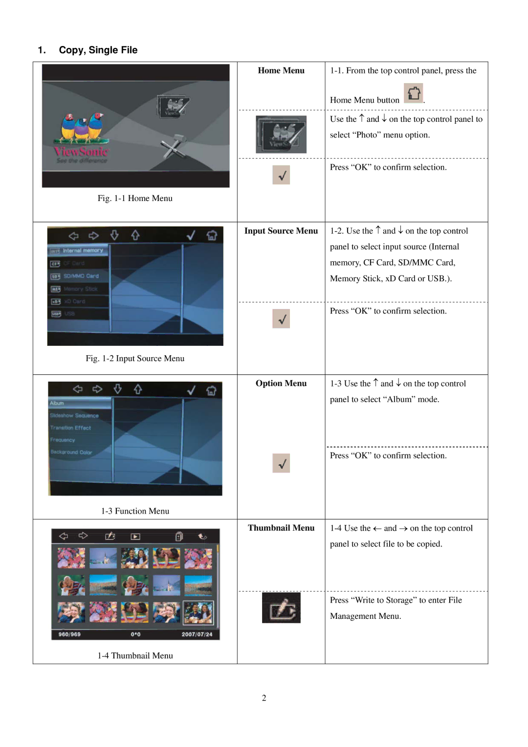 ViewSonic DP701W4, VS11960 manual Copy, Single File, Home Menu 