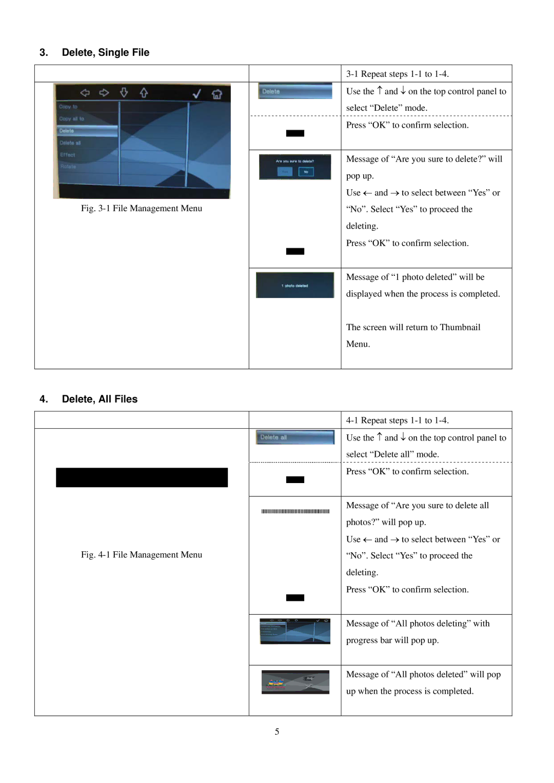 ViewSonic VS11960, DP701W4 manual Delete, Single File, Delete, All Files 