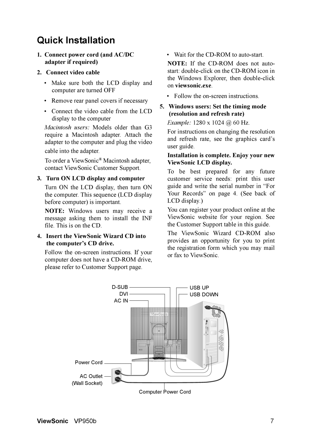 ViewSonic VS11964 warranty Quick Installation, Turn on LCD display and computer 