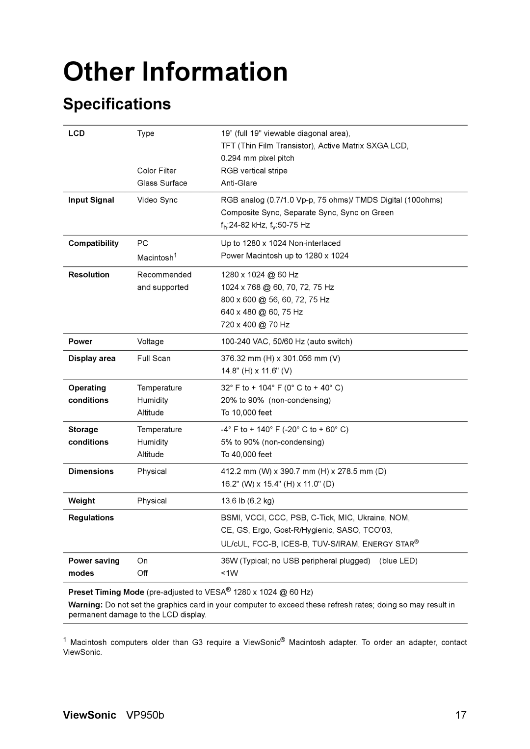 ViewSonic VS11964 warranty Other Information, Specifications 