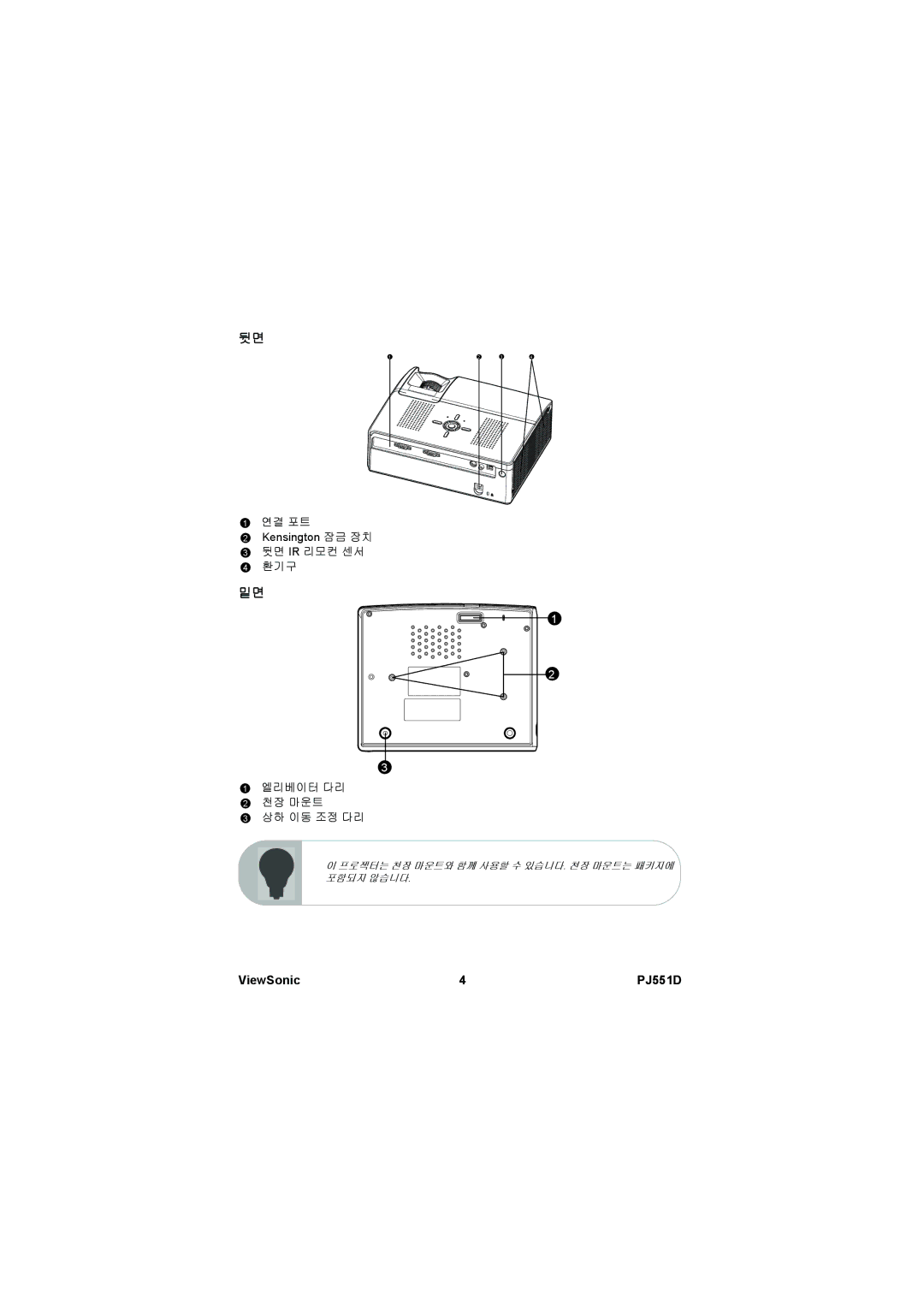 ViewSonic VS11973 manual „ 이 프로젝터는 천장 마운트와 함께 사용할 수 있습니다. 천장 마운트는 패키지에 포함되지 않습니다 