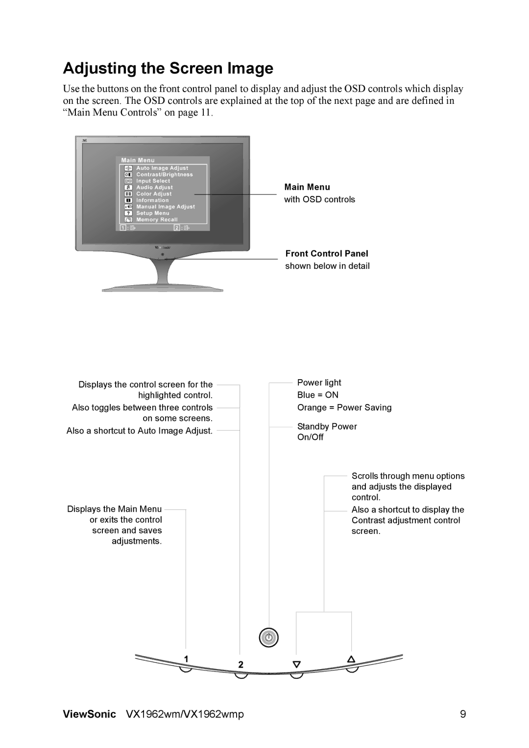 ViewSonic VS11979 warranty Adjusting the Screen Image, Front Control Panel 