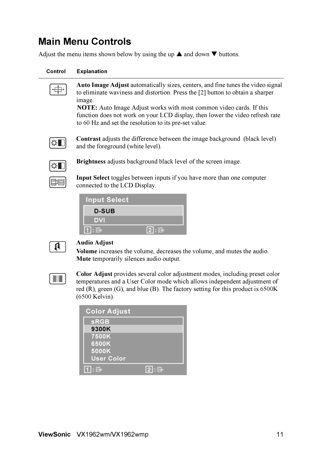 ViewSonic VS11979 warranty Main Menu Controls, Audio Adjust 