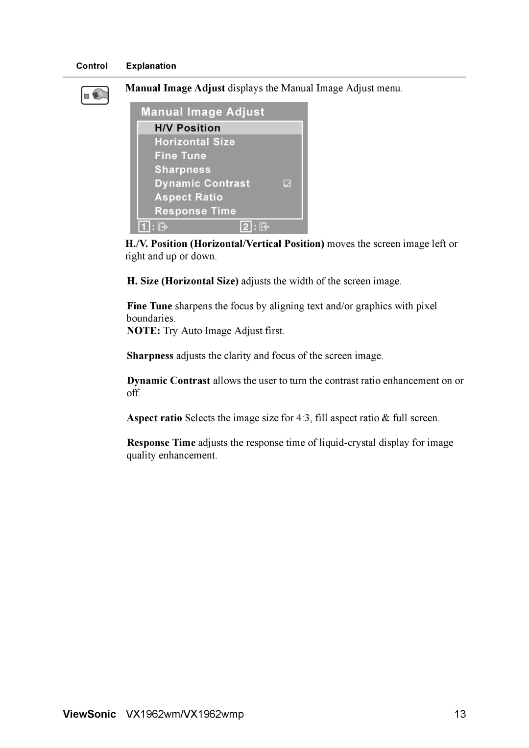 ViewSonic VS11979 warranty Manual Image Adjust displays the Manual Image Adjust menu 